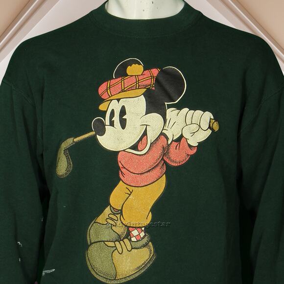 90s Vintage Mickey Mouse Disney Disneyland Golf Green Sweatshirt Jumper M - Picture 1 of 10